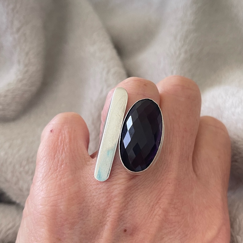 925 Solid Art Deco Amethyst Modernist Sterling SilverRing Unique & Bold